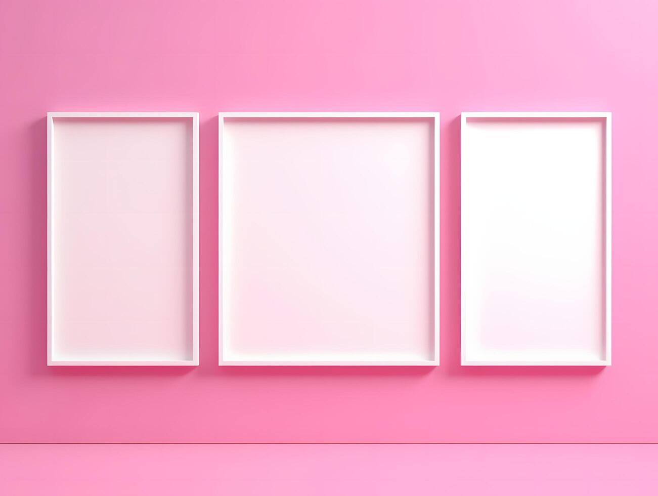 Three empty white frames on a pink wall photo