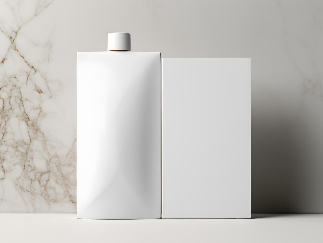 White plastic bottle and empty box mockup on marble background photo