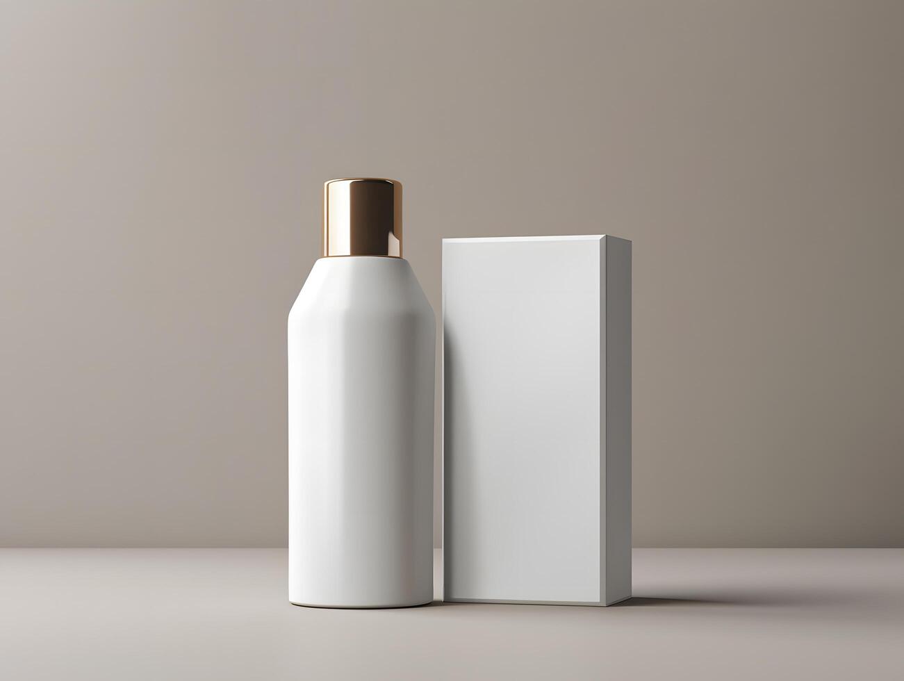 White bottle with gold lid and box on a table photo