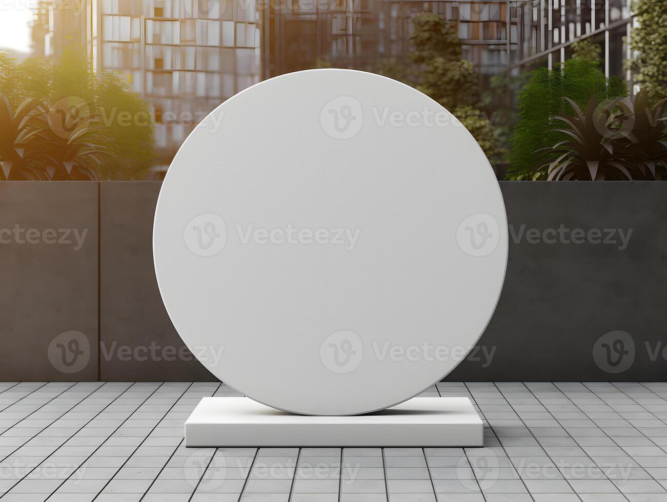 A white round sign on a pedestal in front of a city photo