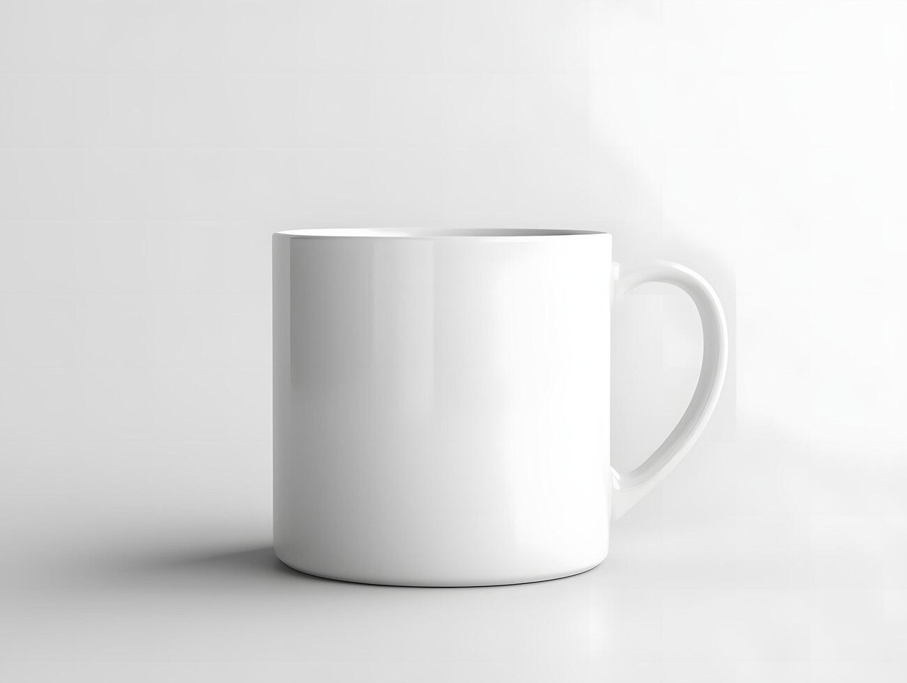 A white mug is sitting on a table photo