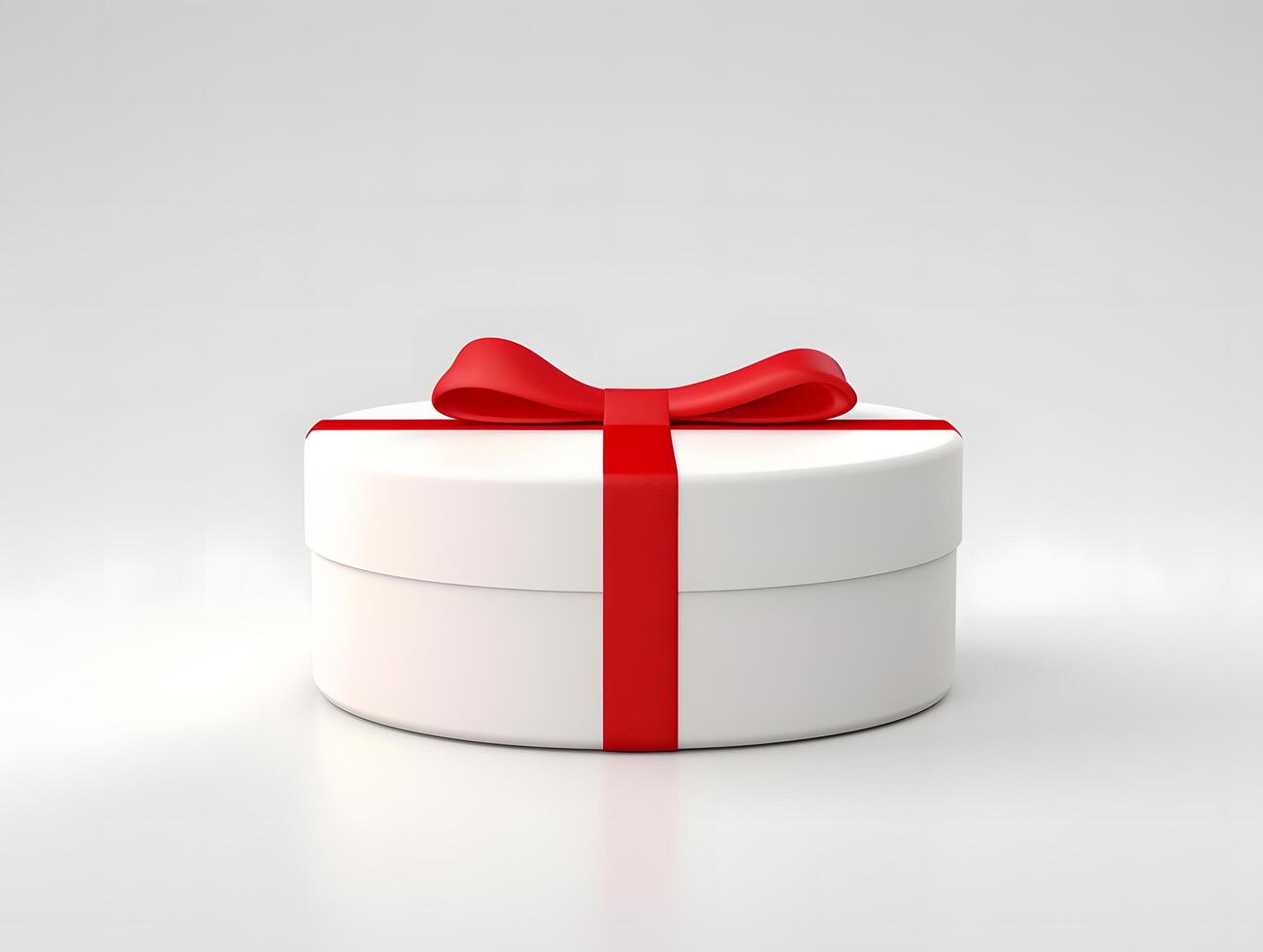 White gift box with red ribbon on a white background photo