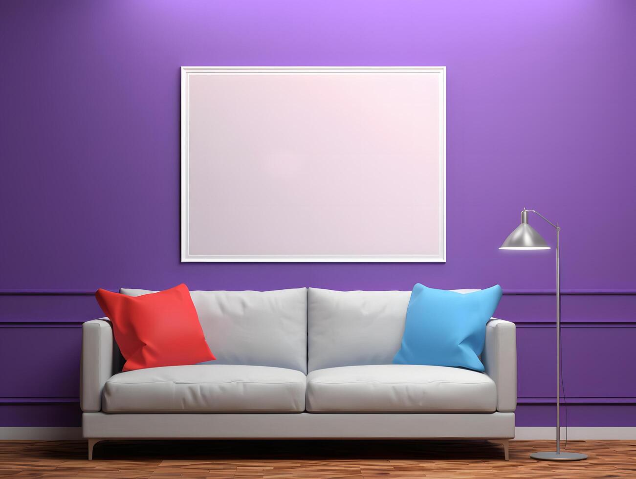 A purple living room with a couch and a picture frame photo