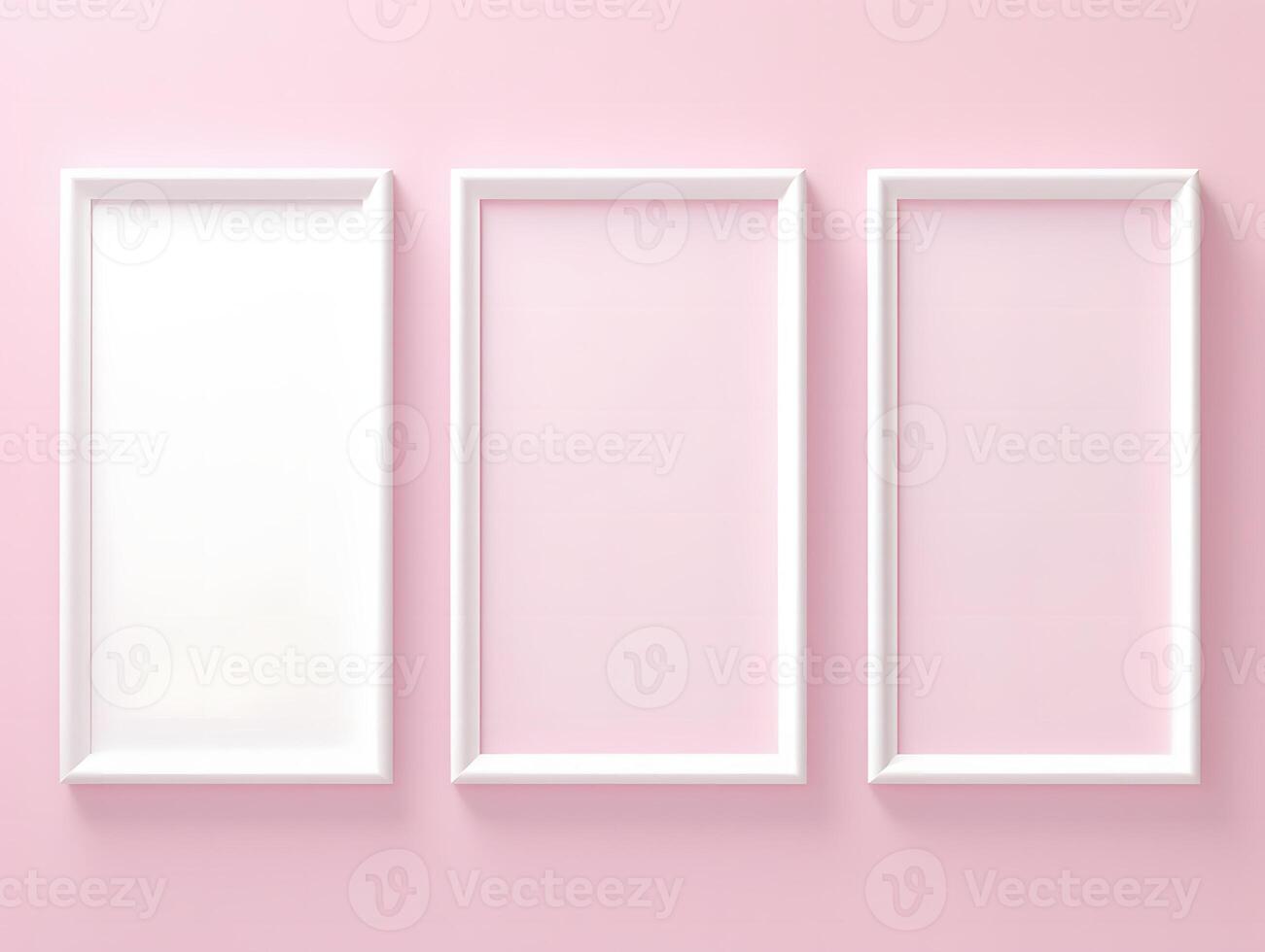 Three empty white frames on a pink background photo