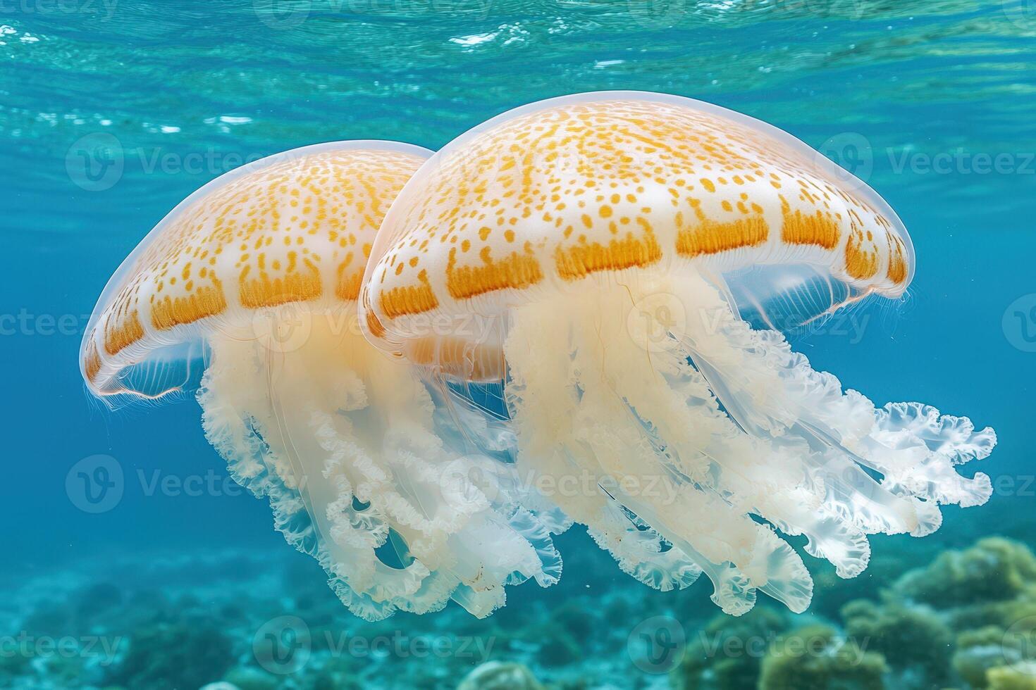 Two jellyfish floating in the ocean photo