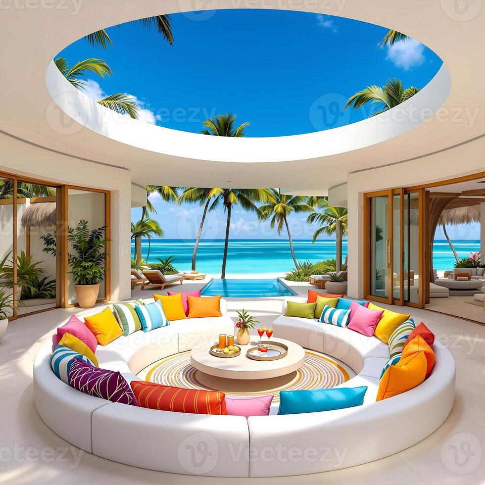 Elegant outdoor lounge space with ocean view and modern design features in a sunny photo