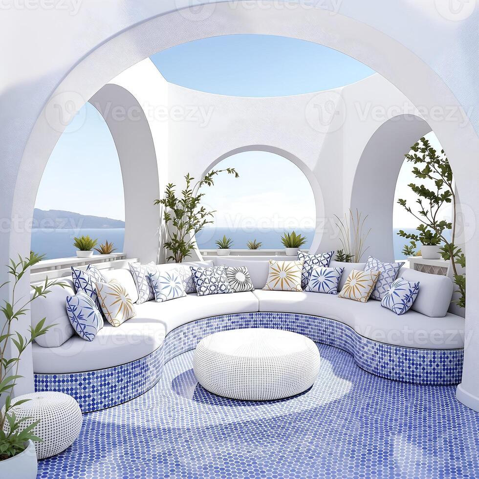 Elegant outdoor lounge space with ocean view and modern design features in a sunny location photo