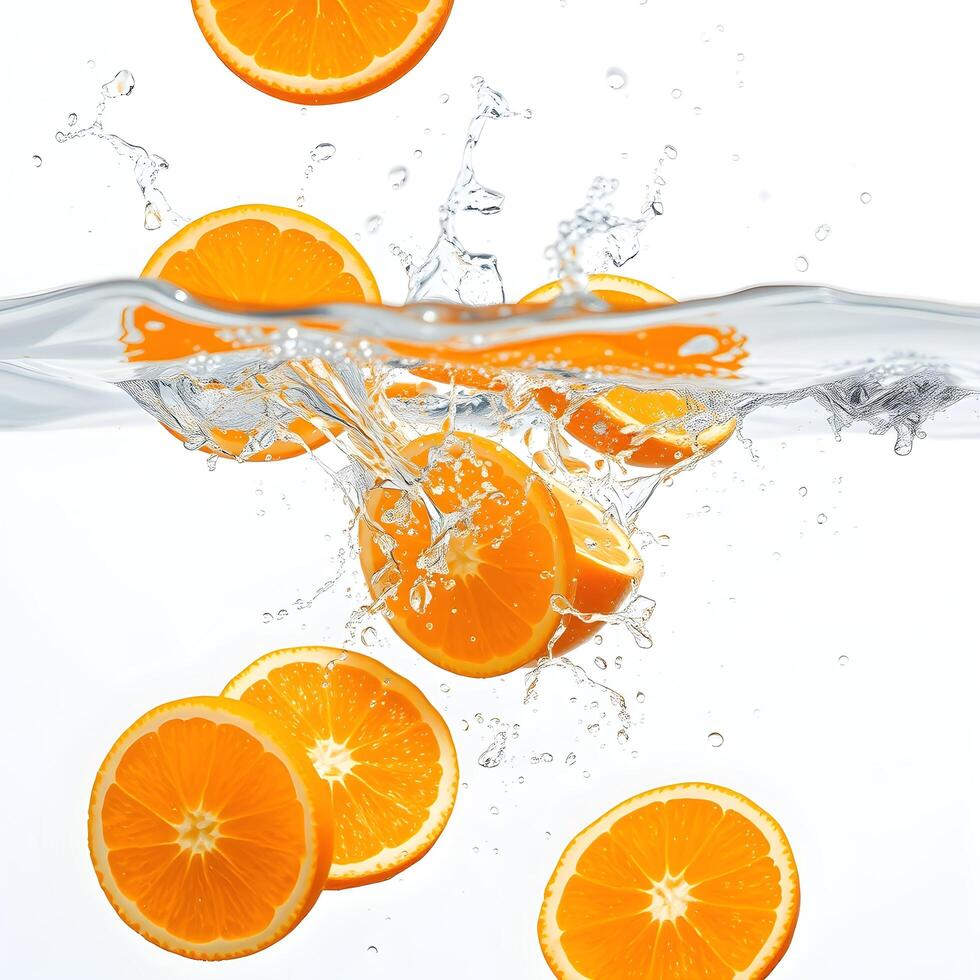 Water splashing on fresh sliced oranges and orange fruit on a white background photo