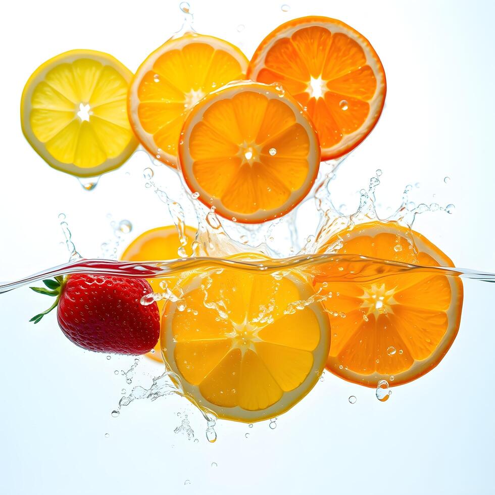 Strawberry and orange slices falling into the water photo