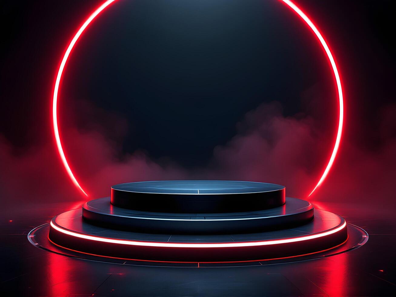 Circular Platform Podium with Red Neon Light on Dark Background 3d Podium photo
