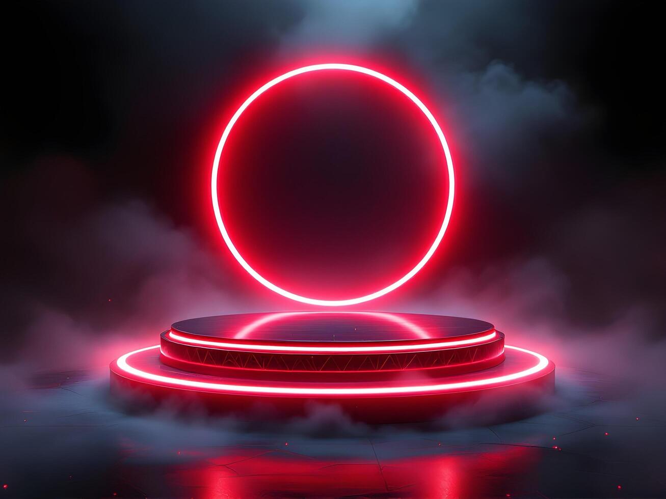 Red neon podium with a red neon round circle on a dark background photo