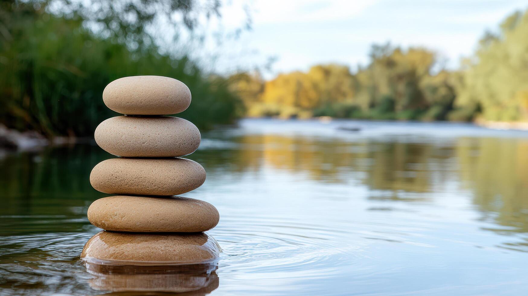 serene stack of smooth stones on calm river, surrounded by nature beauty photo