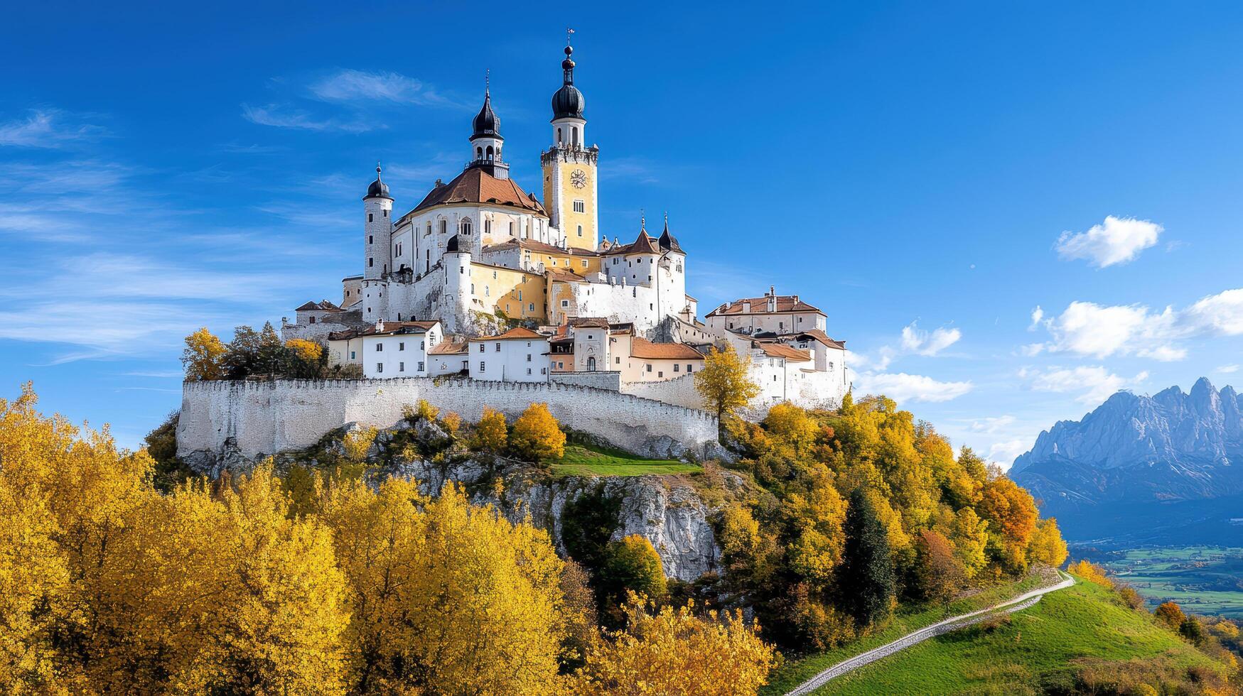 stunning castle on hill surrounded by autumn foliage and blue skies photo