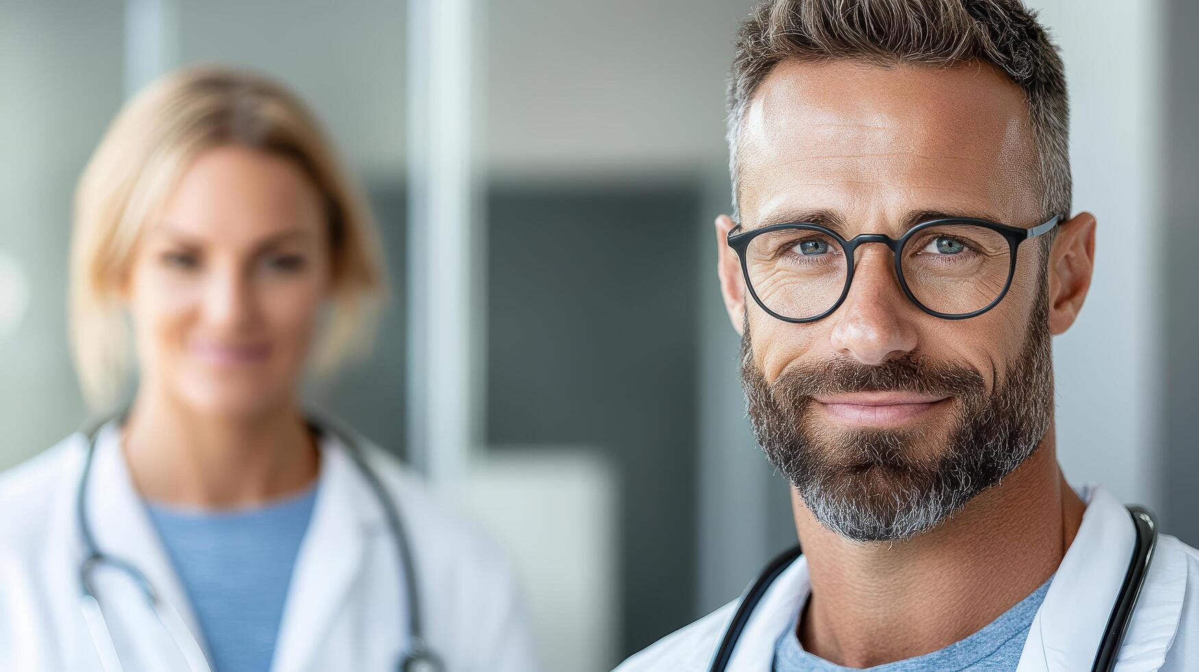 doctor smiling confidently with colleague in medical setting photo