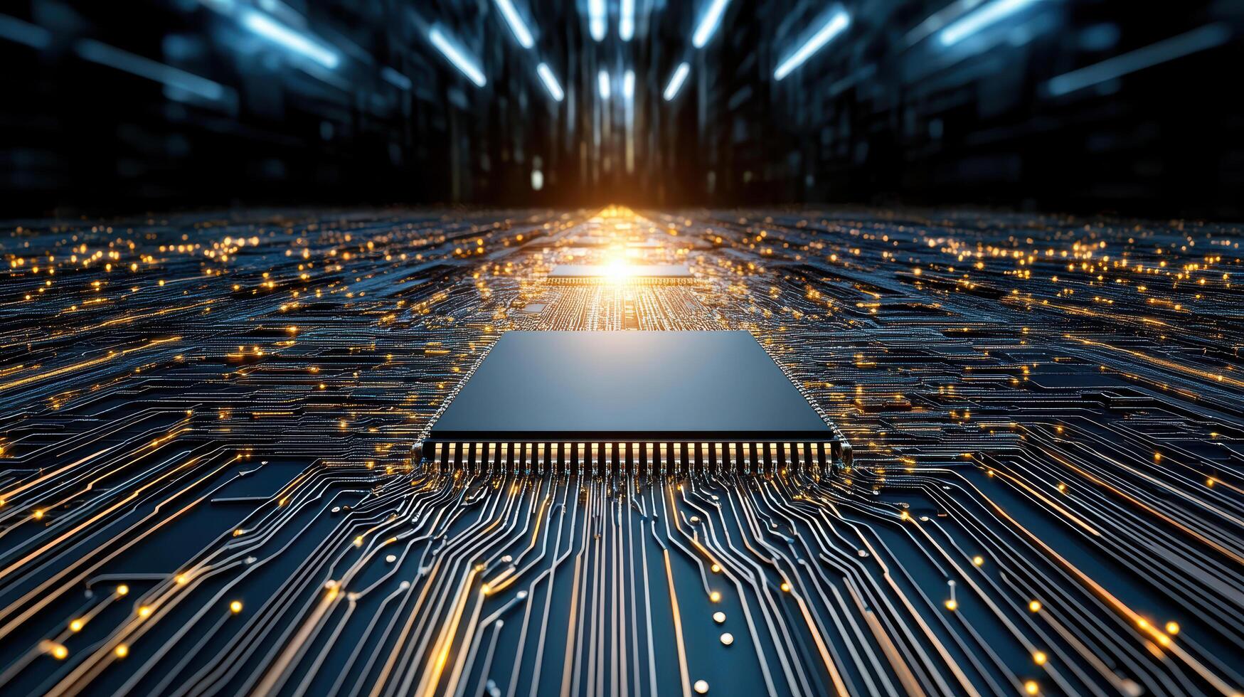 digital circuit board with microchip surrounded by glowing connections photo