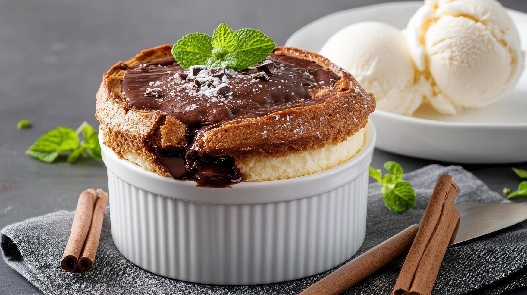 delicious molten chocolate souffle topped with mint leaves, served with ice cream photo