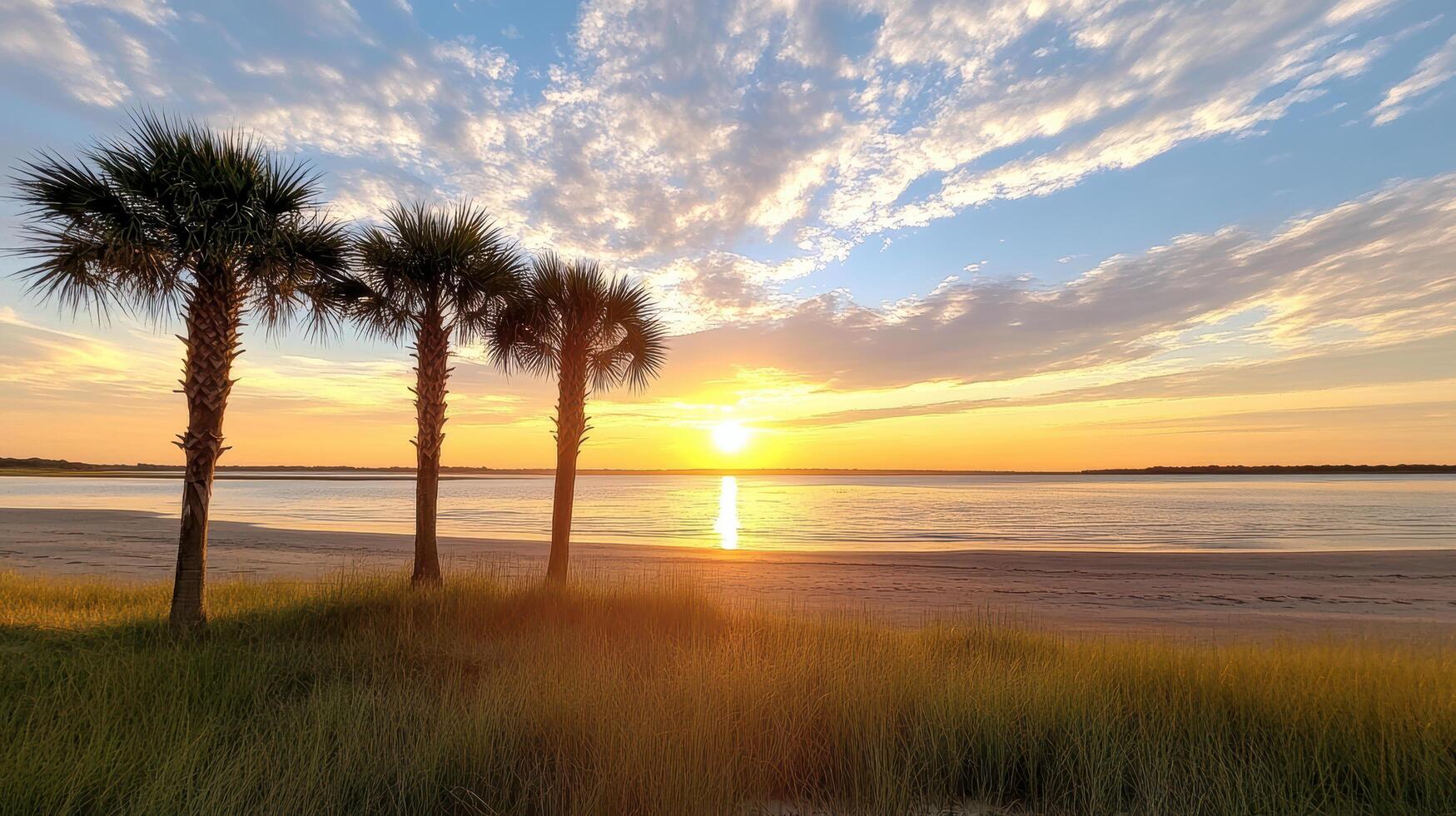 serene beach sunset with palm trees silhouetted against sky photo