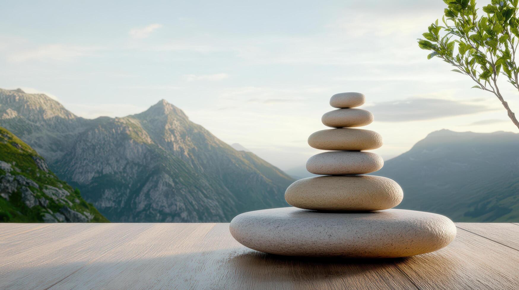 Balanced stones in serene mountain retreat with peaceful view photo