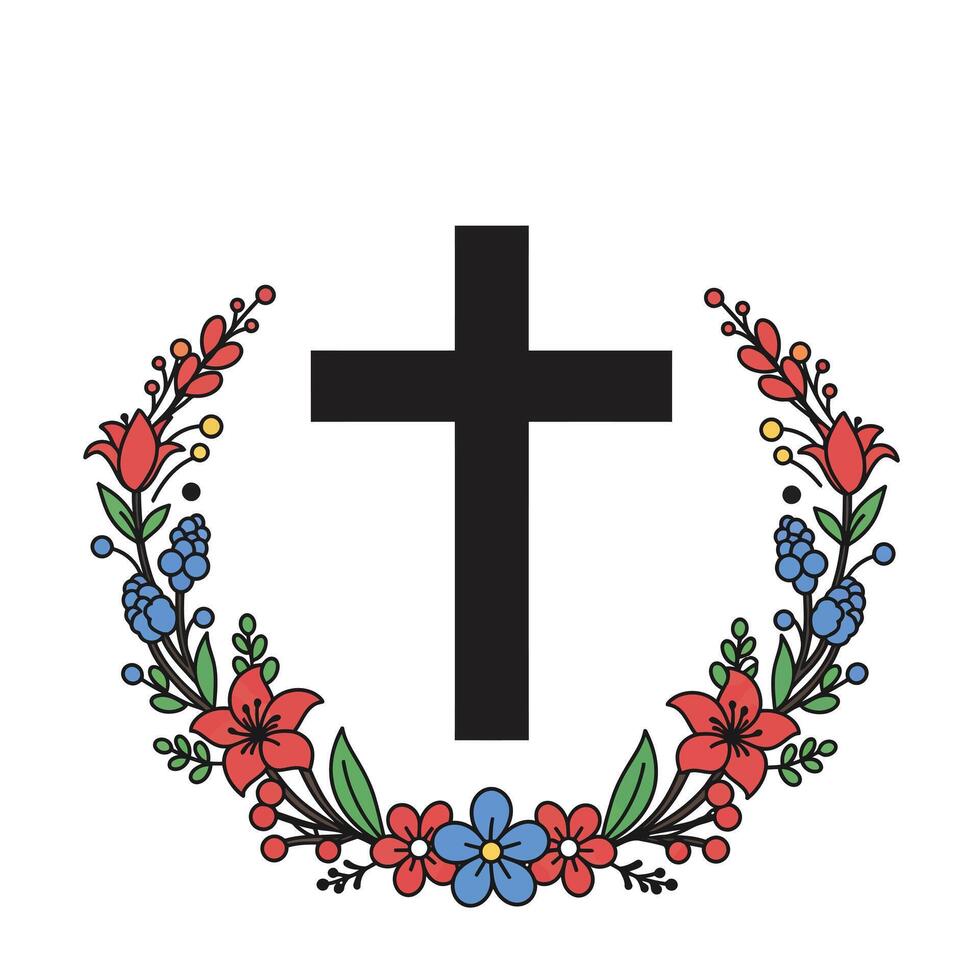 A cross surrounded by flowers and a wreath vector