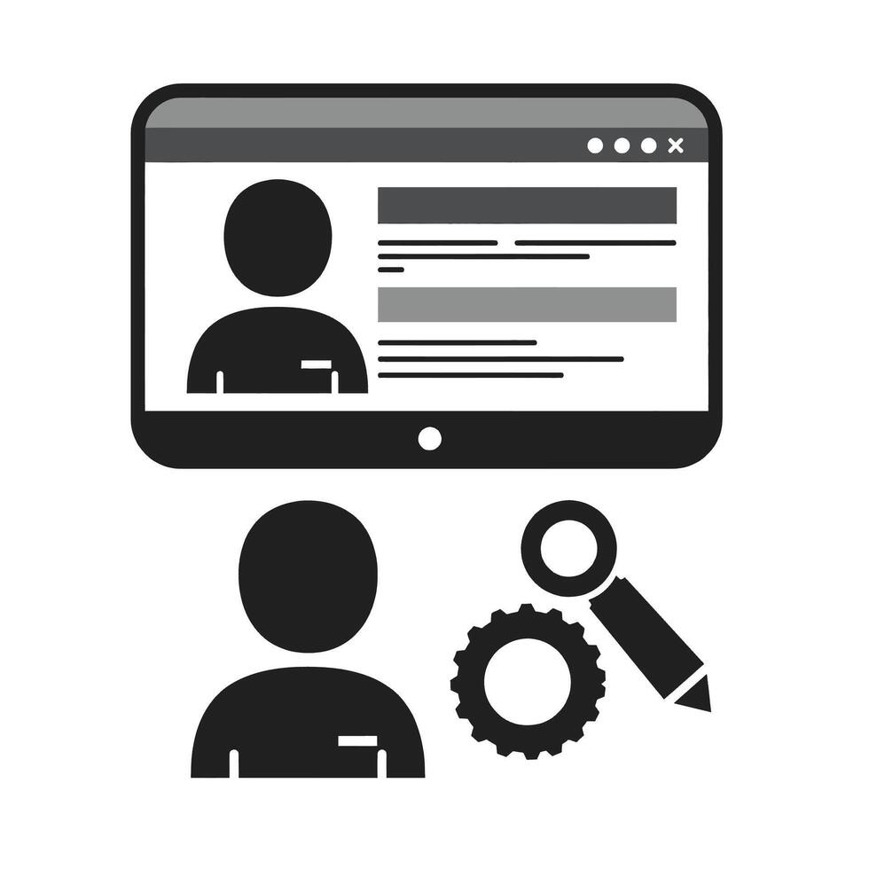 A person is holding a computer and a pen vector
