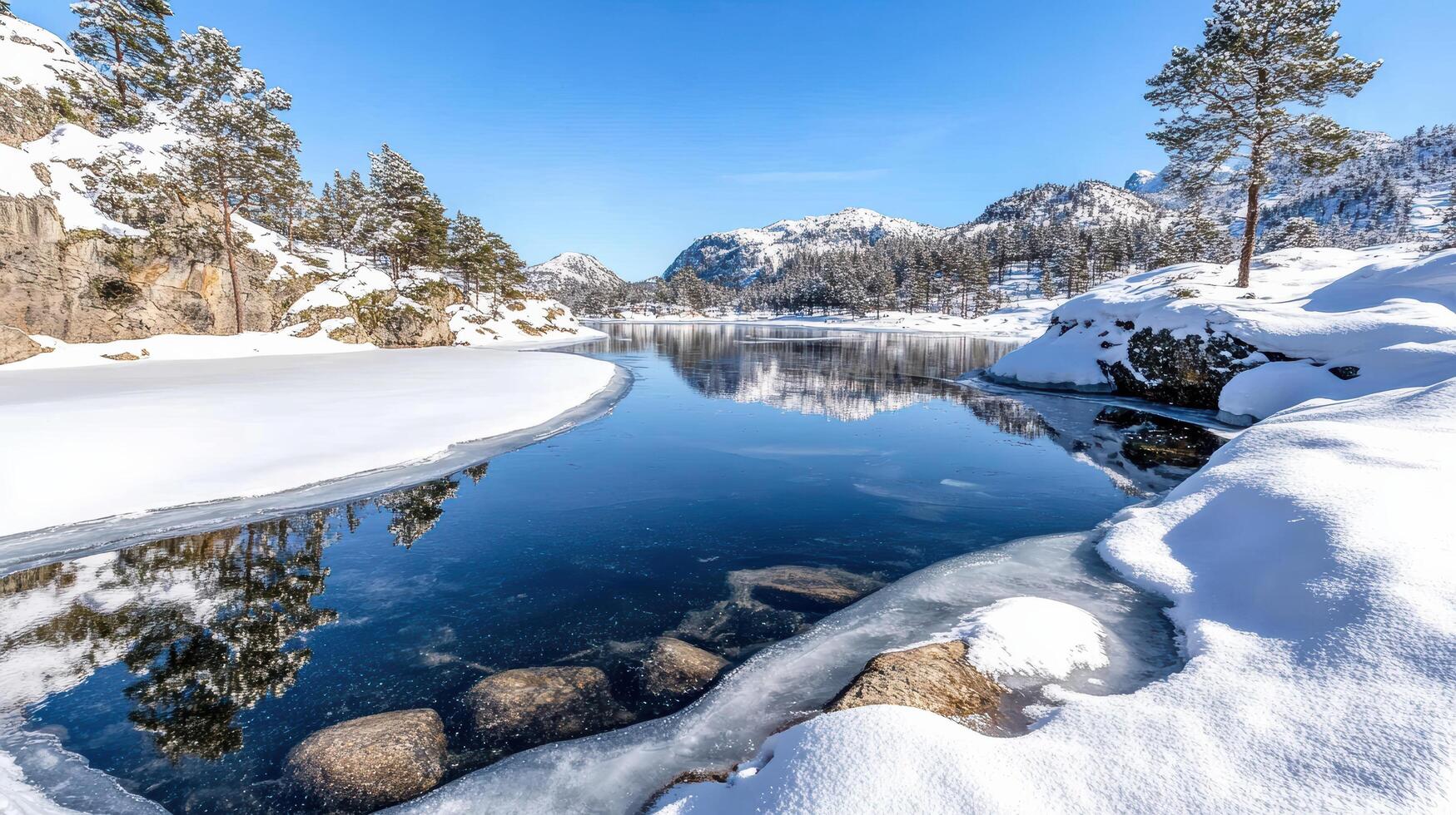 serene snowy landscape featuring frozen lake, pine trees, and mountains photo