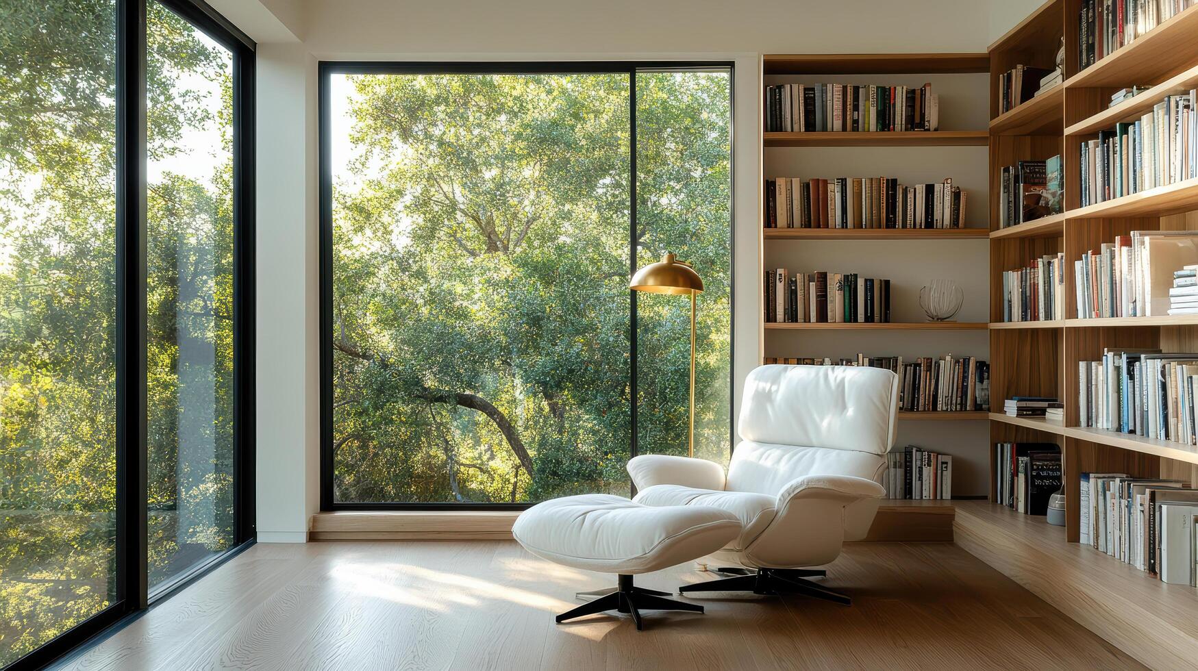 modern reading room with white armchair and large windows showcasing greenery photo