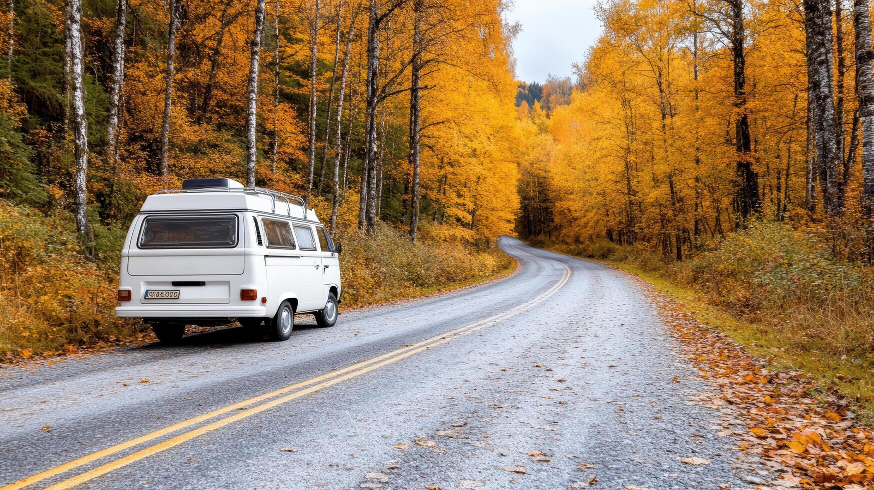 scenic road trip with camper van surrounded by autumn foliage photo