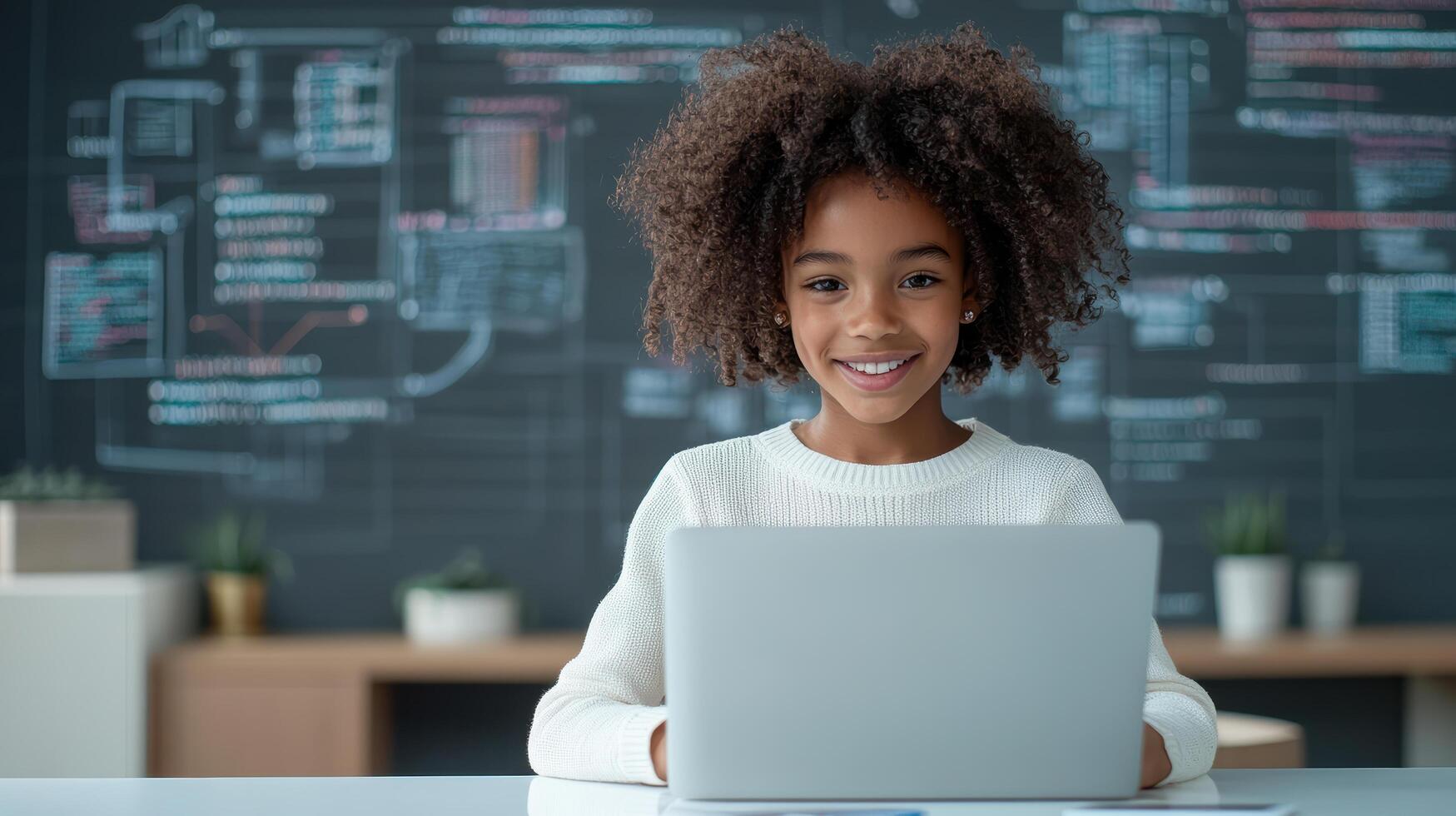 young girl smiling while typing code on laptop in modern workspace photo