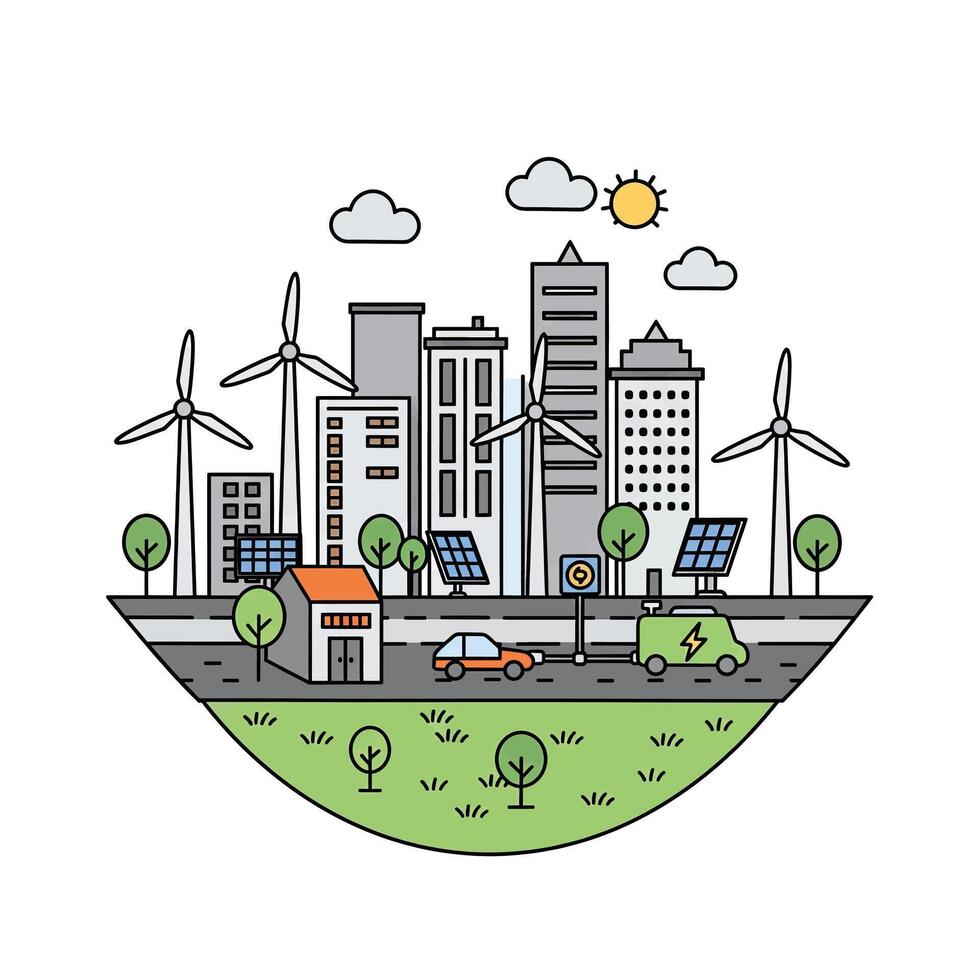 An illustration of a city with wind turbines and solar panels vector