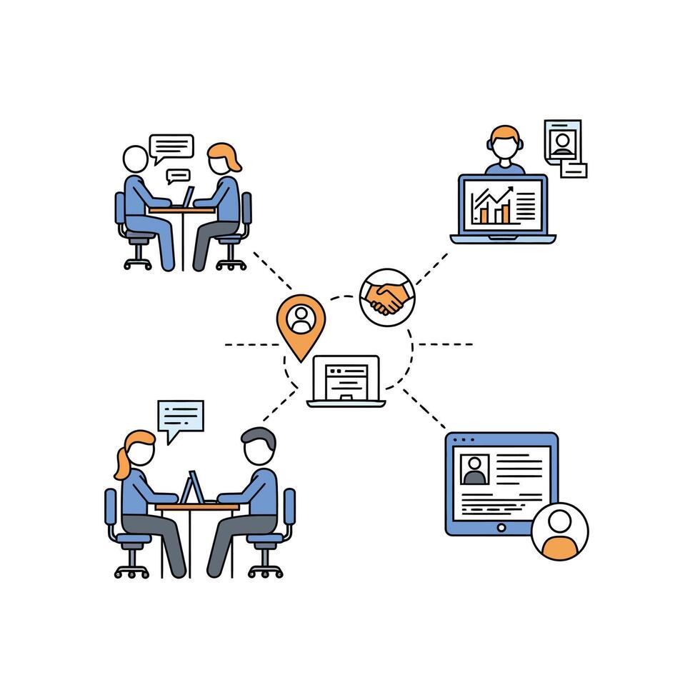A group of people sitting at a table with a laptop and a map vector