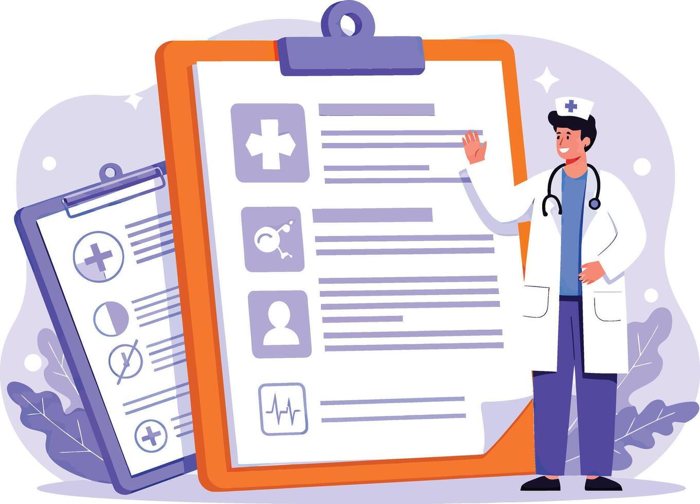 A doctor is standing next to a clipboard with medical information vector