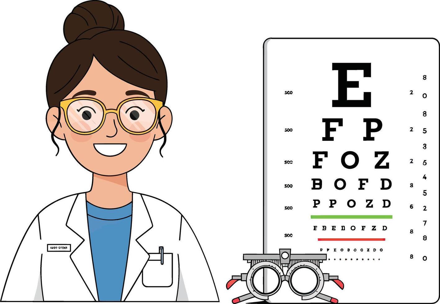 A cartoon woman in a lab coat and glasses is standing next to an eye chart vector