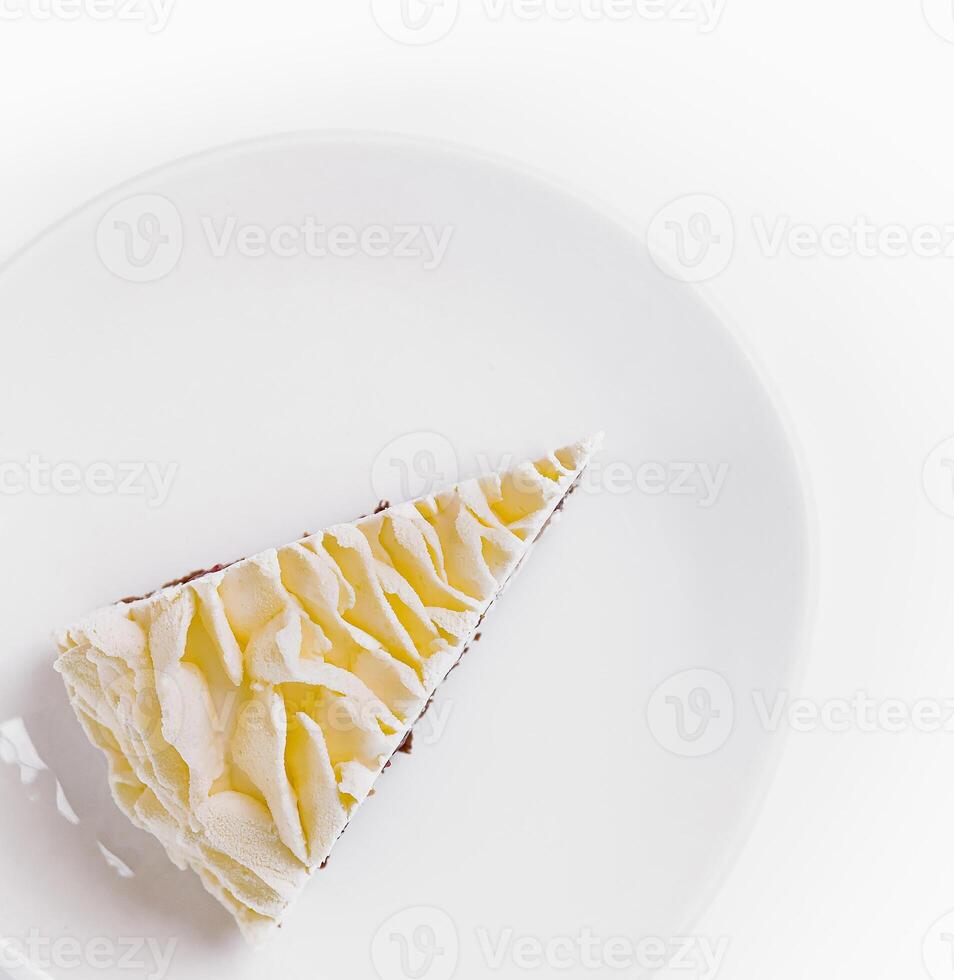 Lemon drizzle cake slice on white plate closeup photo