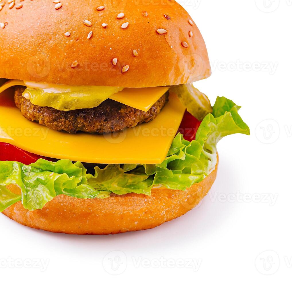 Juicy hamburger with melted cheese and fresh vegetables ready to eat photo