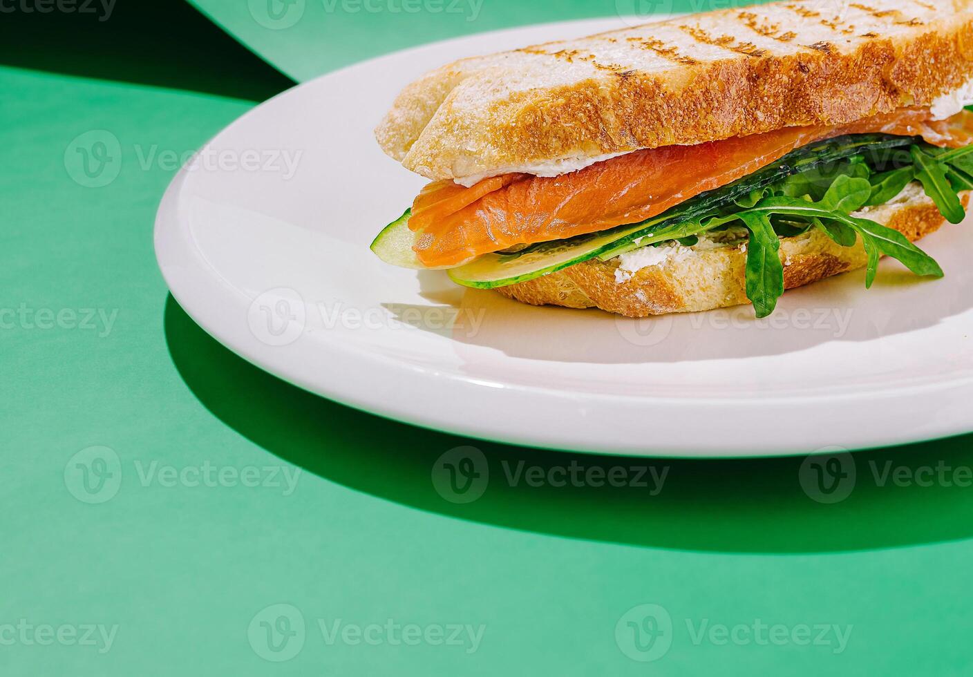Freshly made sandwich with salmon and arugula on a plate photo