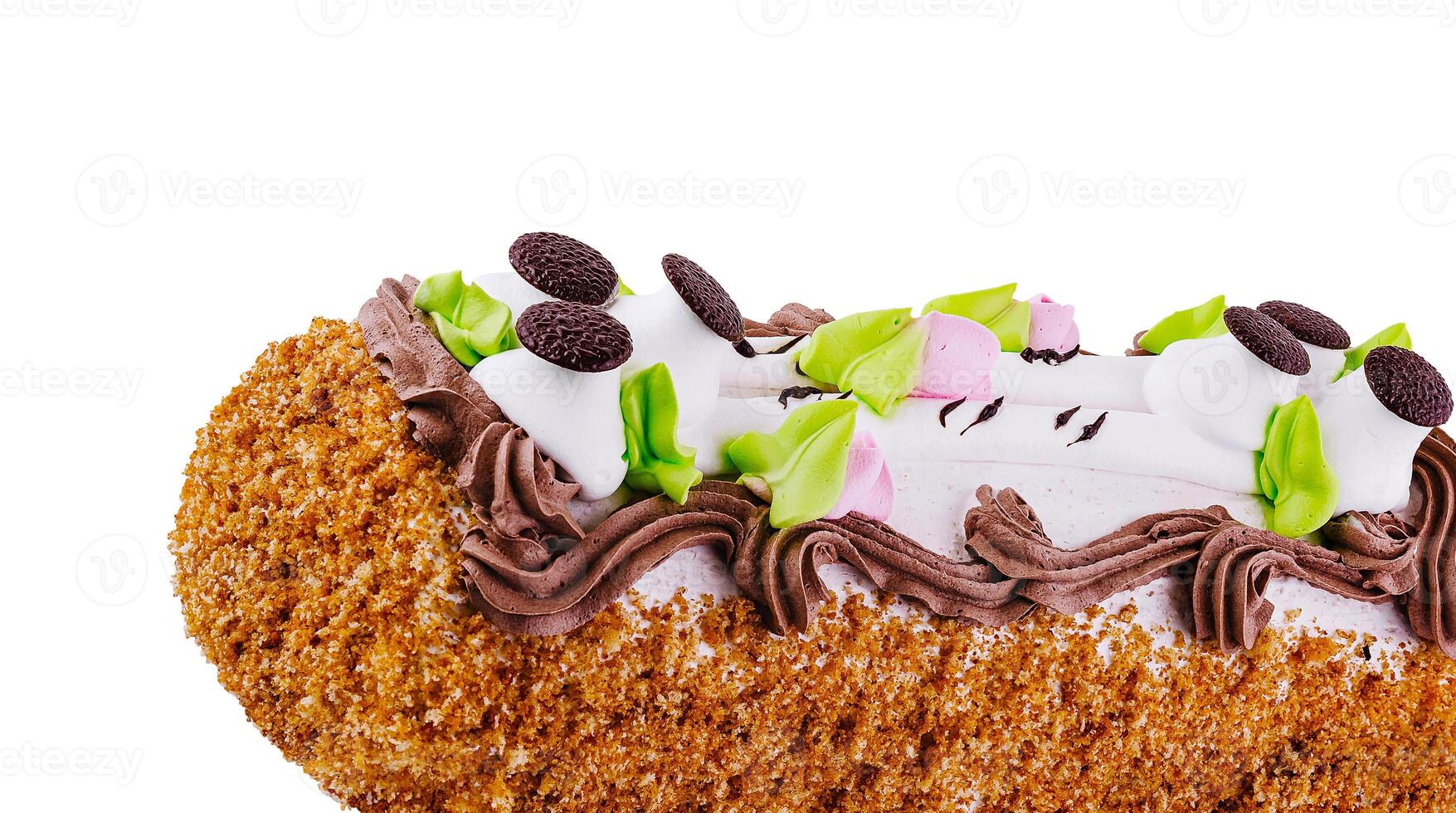 Delicious cake decorated with chocolate and butter cream being isolated on white background photo
