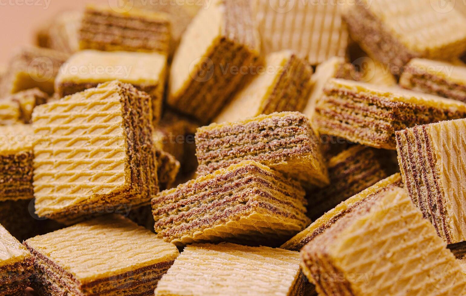 Delicious layered wafers stacked in a decadent pile photo