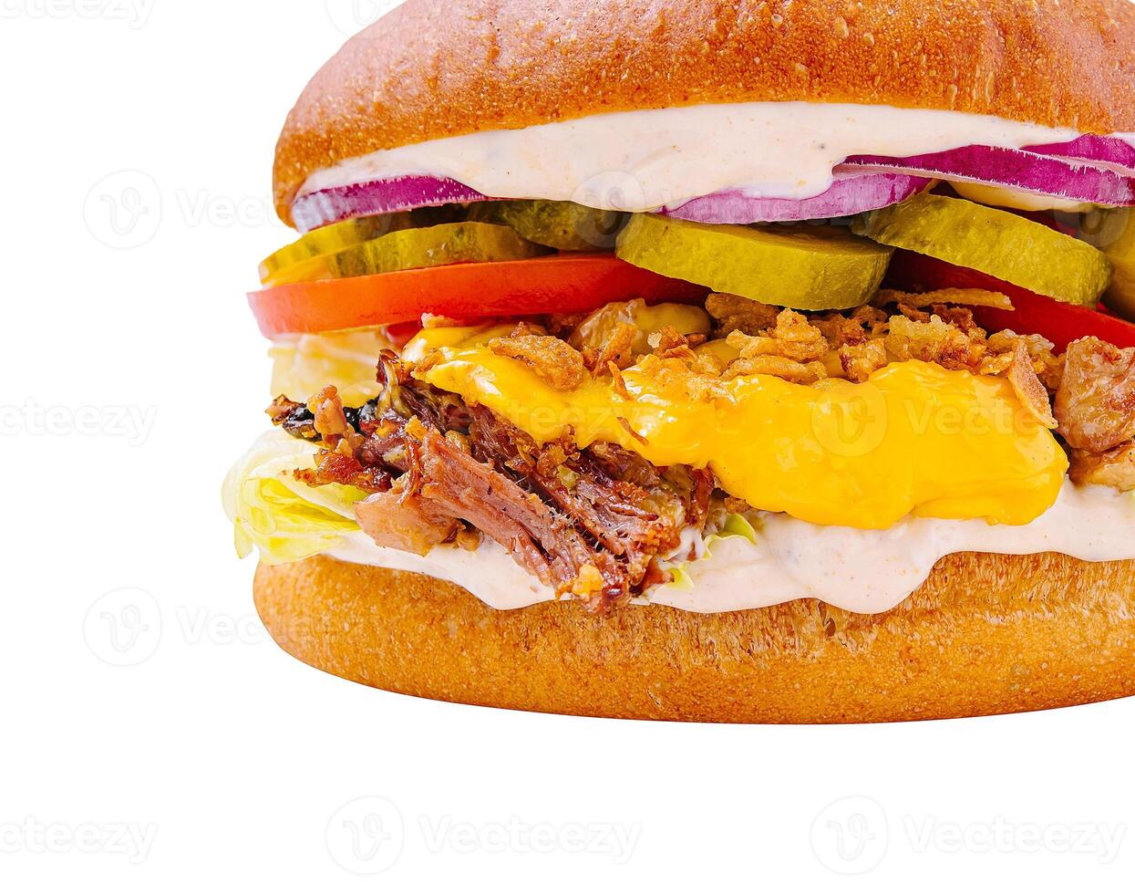 Juicy sandwich loaded with toppings and savory ingredients photo