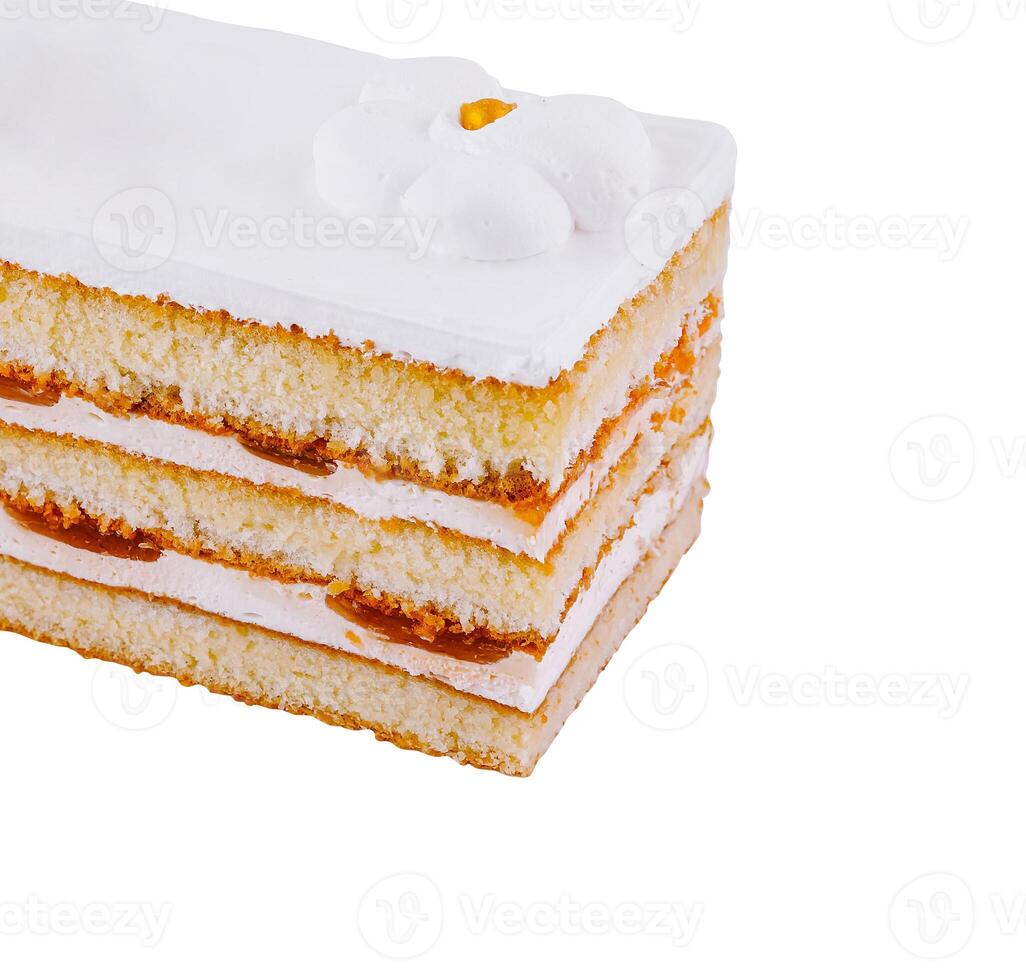 Close up Delicious cake with white icing and heart decoration isolated on white background photo