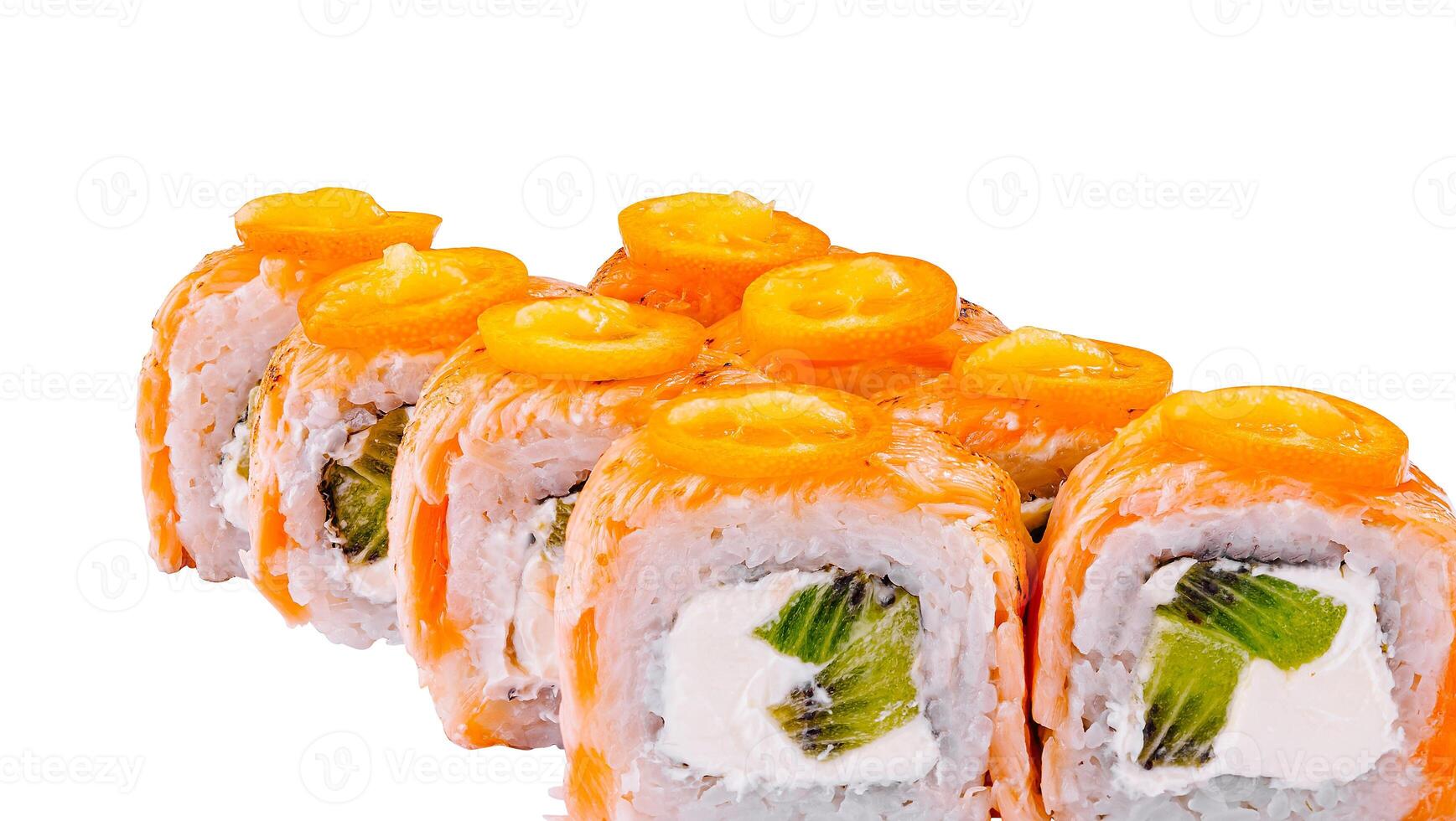 Close up Sushi rolls with salmon, cream cheese, kiwi and kumquat showing filling on white background photo