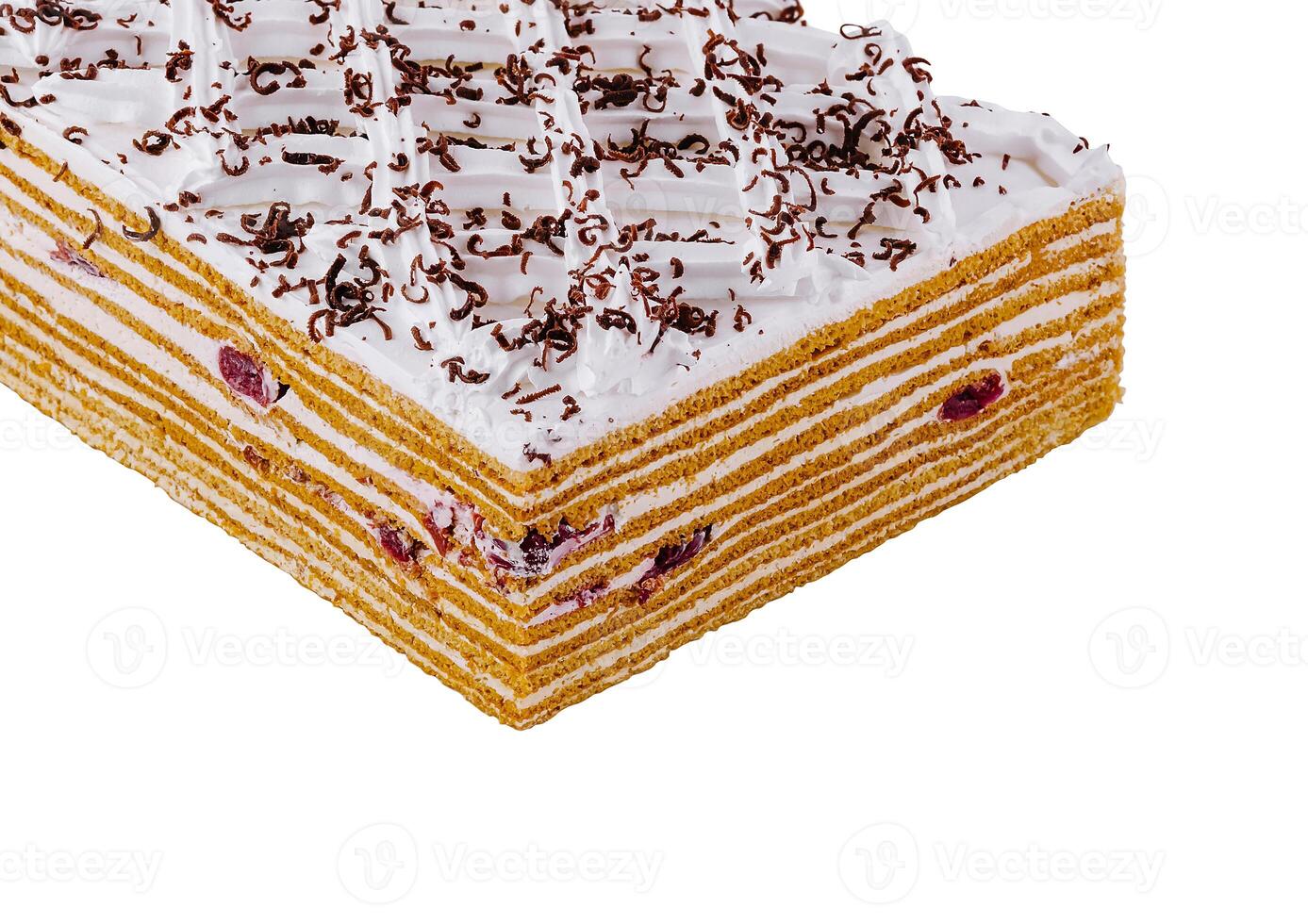 Close up Mouthwatering honey cake is sitting on a white background photo
