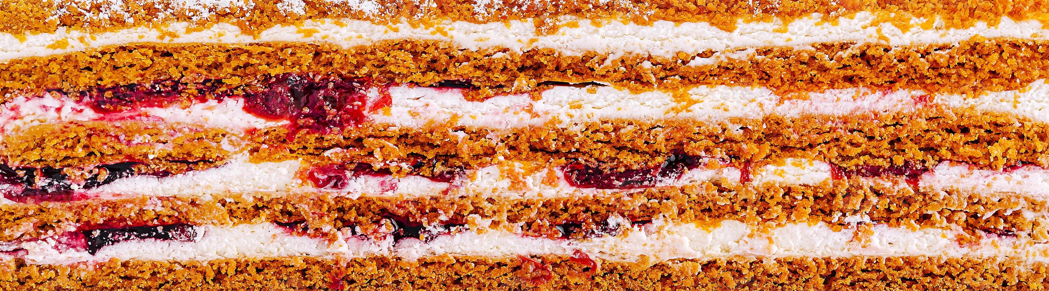 Close up Layers of delicious cake with cream and fruit filling photo