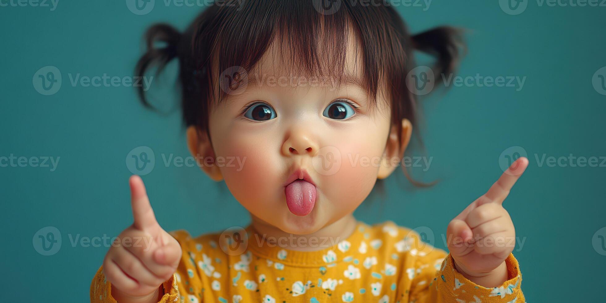 Cute toddler making funny face and sticking out tongue with playful expression in indoor setting photo