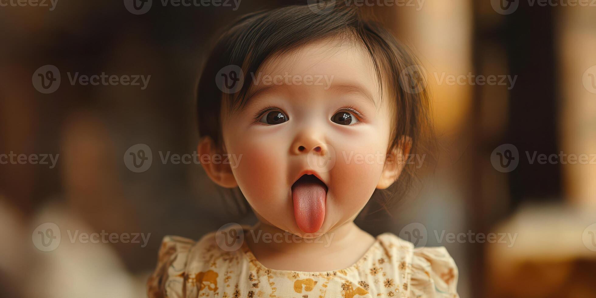 Cute toddler sticks out tongue while wearing light-colored dress in a playful moment indoors during the afternoon photo