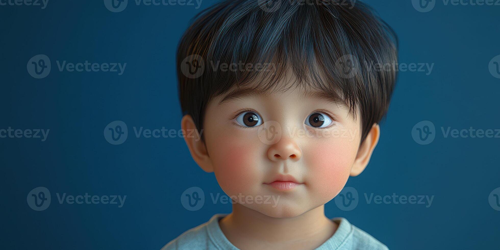 Child with expressive eyes gazing directly at the viewer against a solid blue background photo