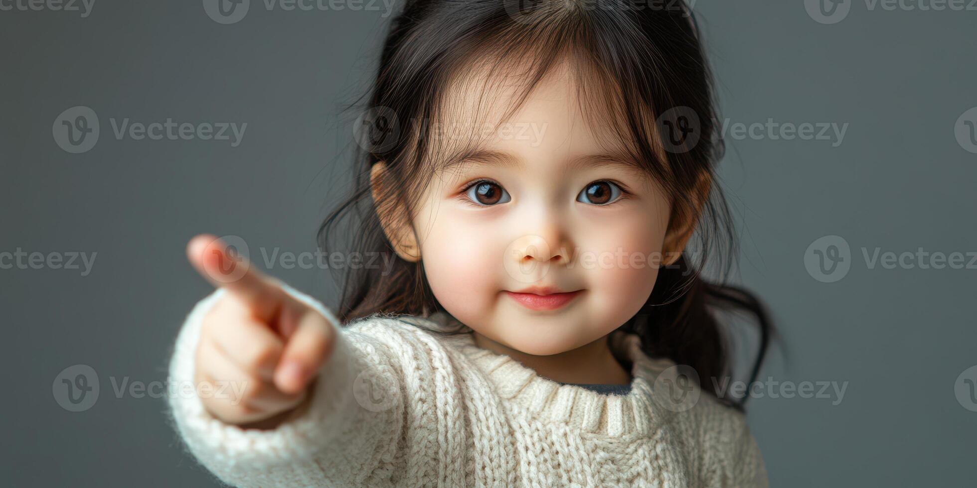 Child pointing with a cheerful expression while wearing a cozy sweater in a softly lit indoor setting photo