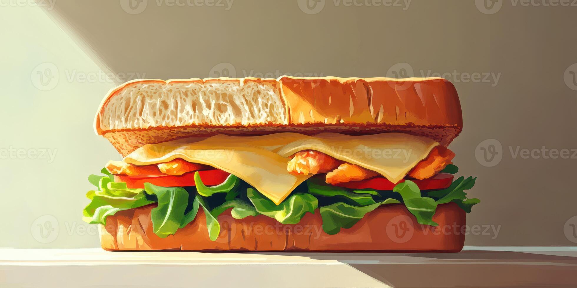 Delicious sandwich with crispy chicken, fresh lettuce, and melted cheese on a sunny kitchen table photo
