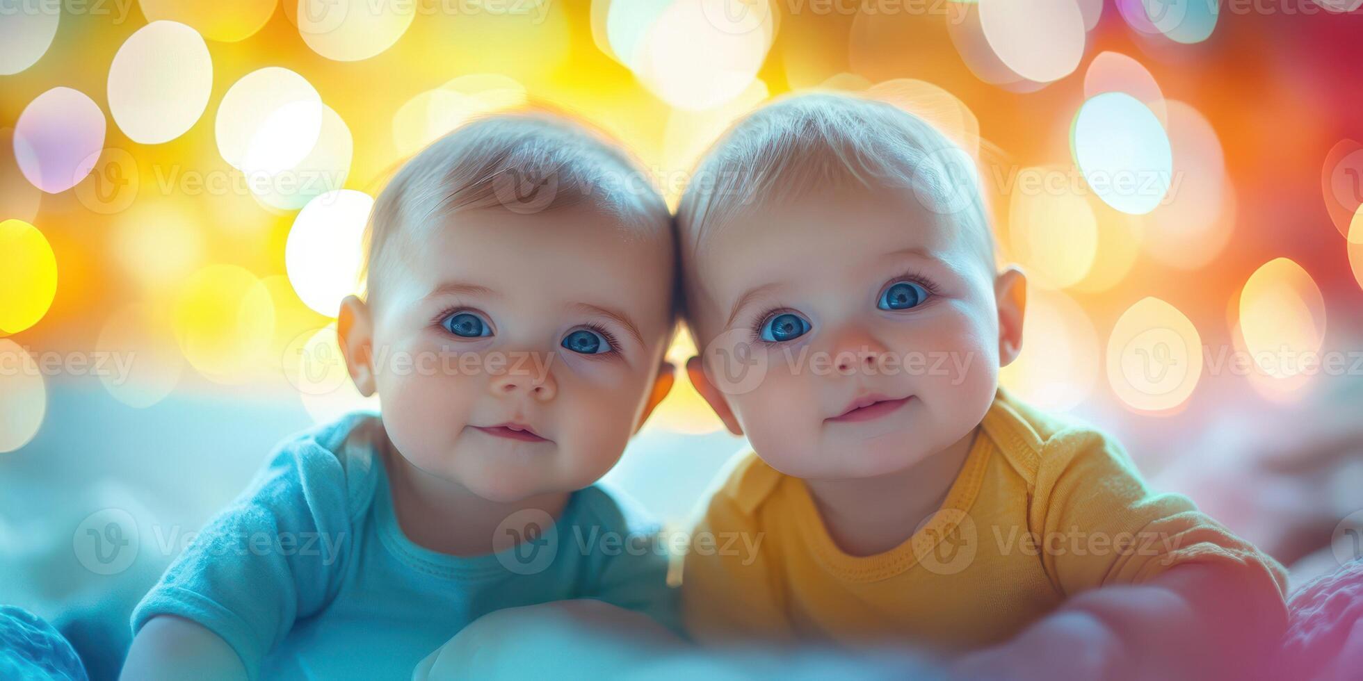 Adorable twins with bright blue eyes smiling against a colorful, softly blurred background during a cheerful indoor setting photo