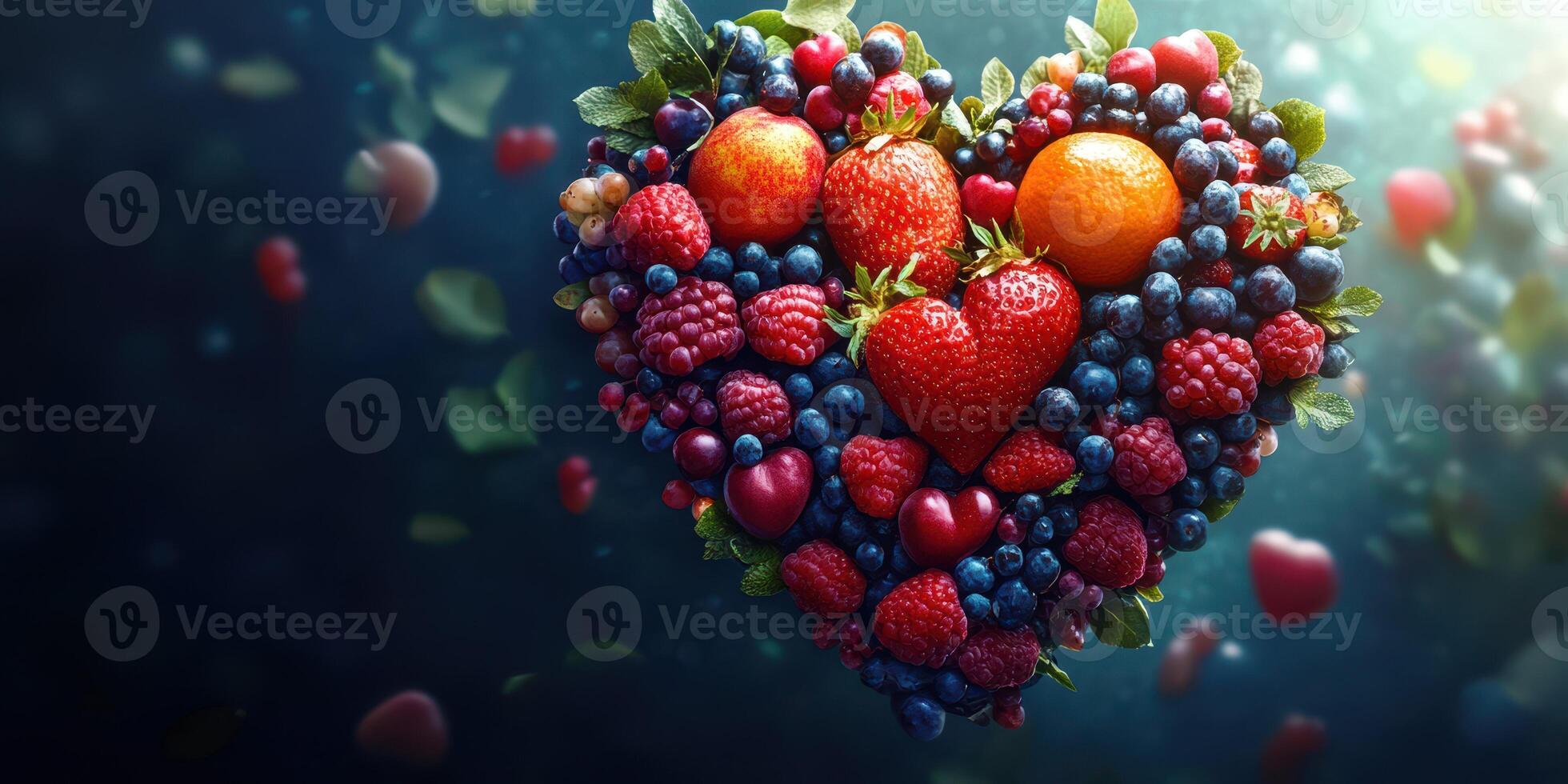 Heart-shaped arrangement of fresh fruits on a dark background celebrating health and nature's bounty photo