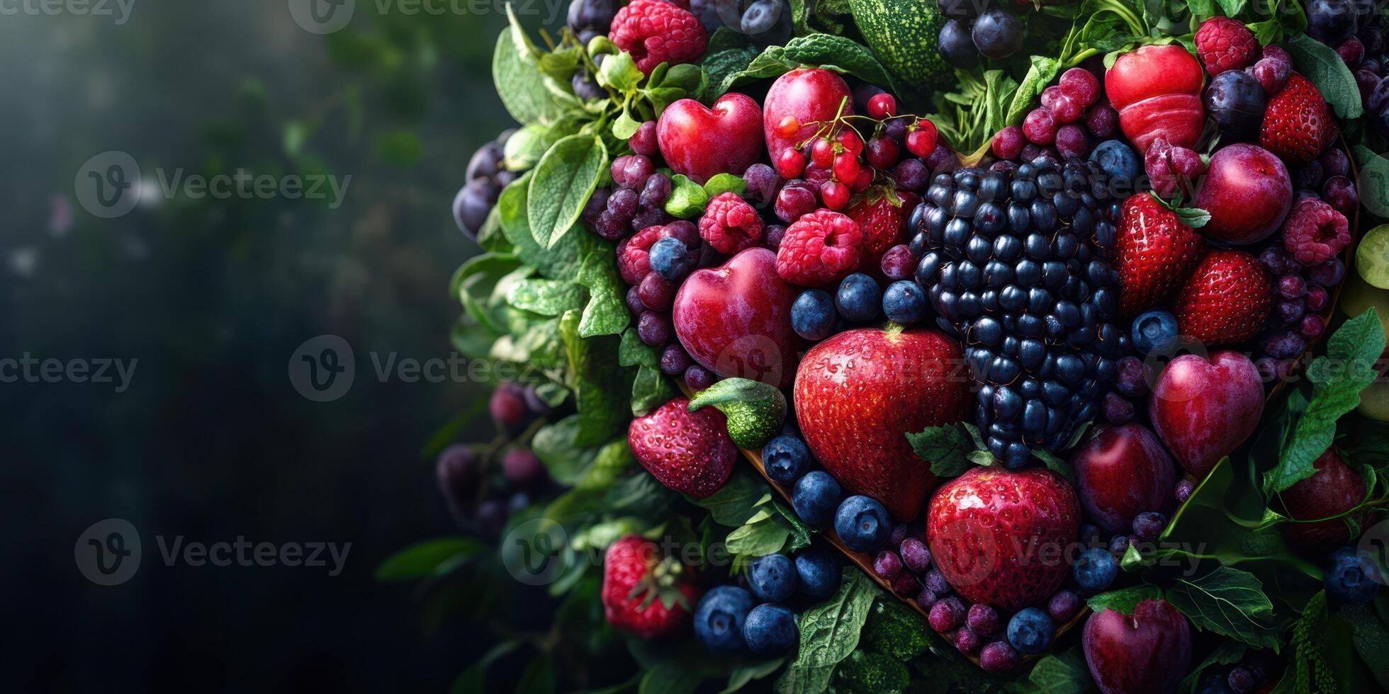 Heart-shaped arrangement of fresh fruits in vibrant colors showcases nature's bounty photo